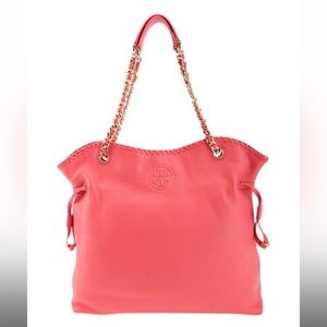 Tory Burch Spiced Coral Marion Slouchy Leather Tote Gold Hardware Shoulder Bag